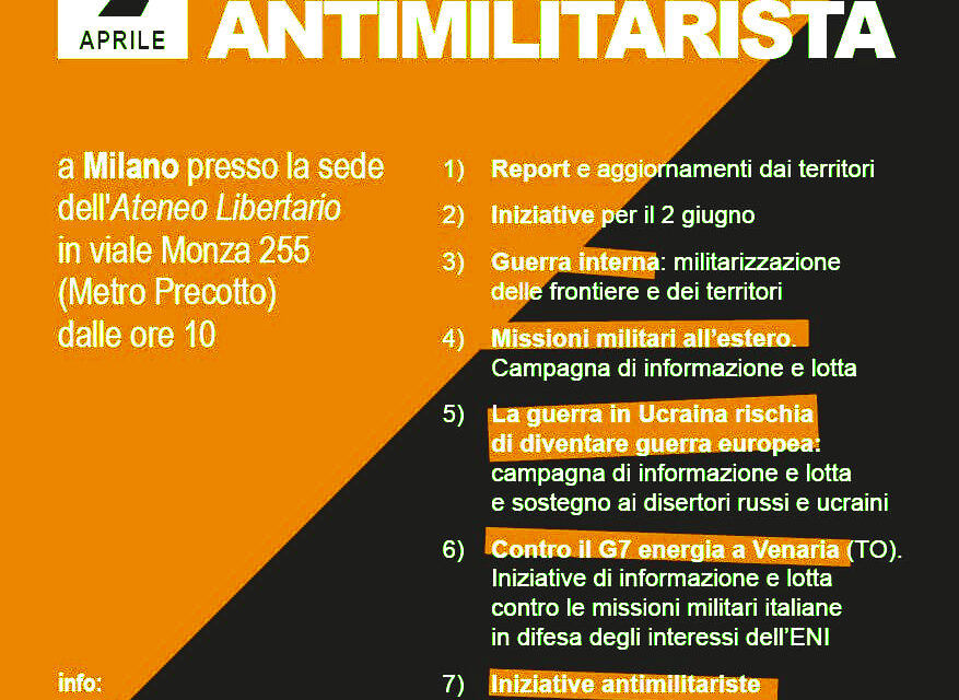 7 aprile. Assemblea antimilitarista a Milano
